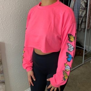 Small Neon Pink Long Sleeve Crop Top with Butterfly Sleeves